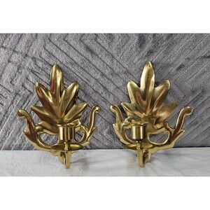 Pair Vintage Brass Wall Sconces Leaf Shaped Taper Candle Holder